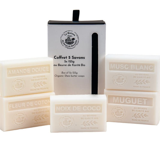 La Maison du Savon de Marseille White Collection Gift Set - 5 x 125g Organic Shea Butter Soap Bars - Sweet Almond, Cotton Flower, Lily of the Valley, White Musk, Coconut