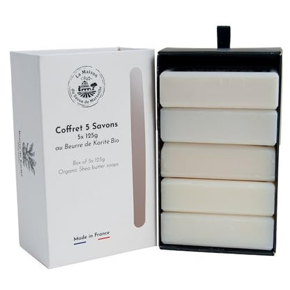 La Maison du Savon de Marseille White Collection Gift Set - 5 x 125g Organic Shea Butter Soap Bars - Sweet Almond, Cotton Flower, Lily of the Valley, White Musk, Coconut