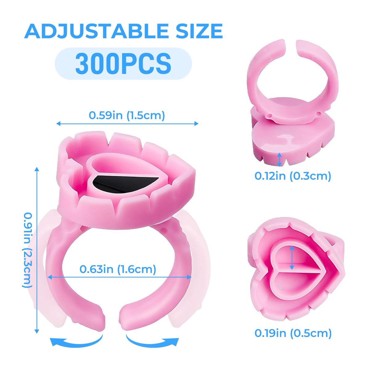 MIUXIA 300Pcs Glue Rings Lash Glue Rings for Eyelash Extension Supplies, Lash Tech Holder, Lovely Pink Heart Shape - görsel 3
