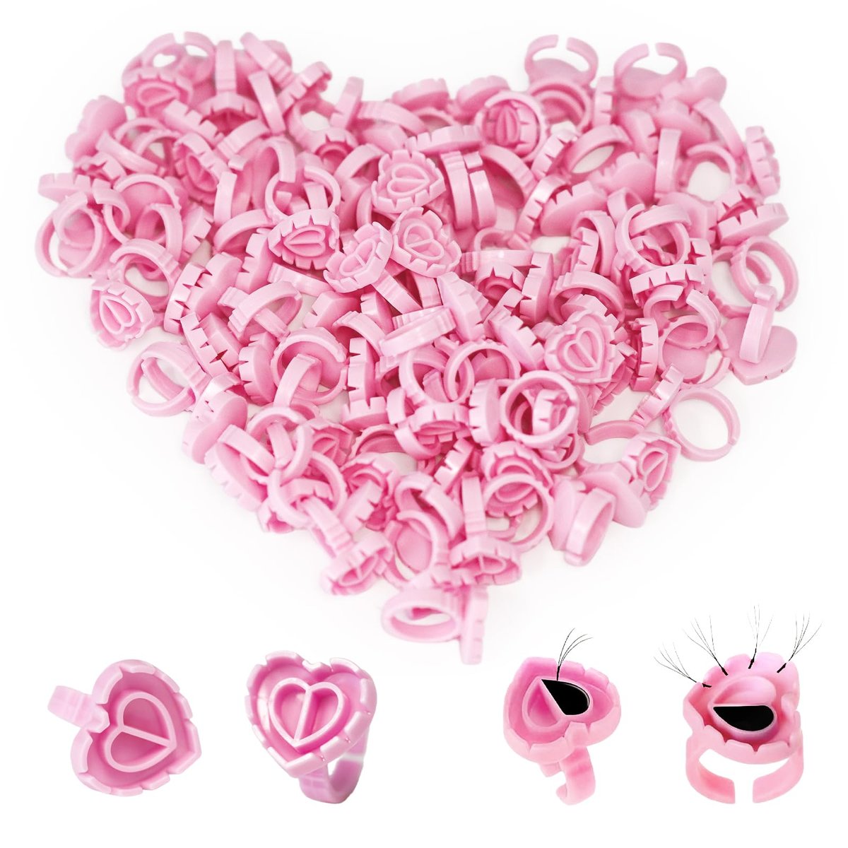 MIUXIA 300Pcs Glue Rings Lash Glue Rings for Eyelash Extension Supplies, Lash Tech Holder, Lovely Pink Heart Shape - görsel 1