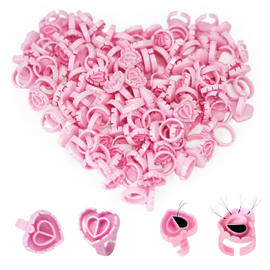 MIUXIA 300Pcs Glue Rings Lash Glue Rings for Eyelash Extension Supplies, Lash Tech Holder, Lovely Pink Heart Shape