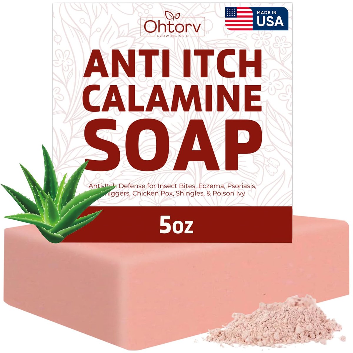 Calamine Soap Bar – All Natural Instant Itch Relief – Calming Calamine Soap for Itchy Skin, Insect Bite, Eczema, Poison Ivy Rash, Chicken Pox – Pure Anti-Itch Body Wash Made in USA – Large 5oz Bar - görsel 1