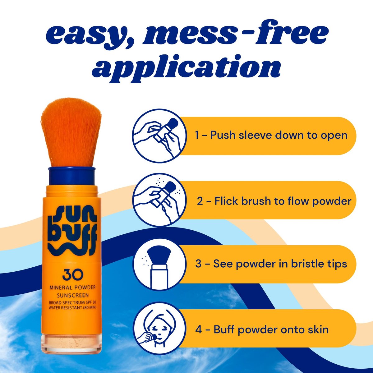 Sun Buff Powder Sunscreen Brush SPF 30 - Mineral Sunscreen for Scalp, Face, & Body - Water Resistant 80 Min, Travel Size 0.14oz, Made in USA - görsel 5