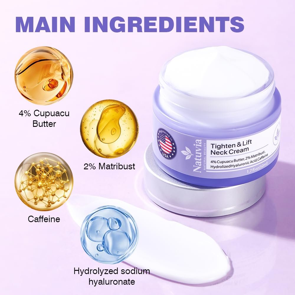 Natuvia Tighten & Lift Neck Cream – Anti-Aging Firming Moisturizer with Hyaluronic Acid, Cupuacu Butter & Caffeine for Sagging Skin, Wrinkles, Hydration – 1.7 Fl Oz - görsel 13