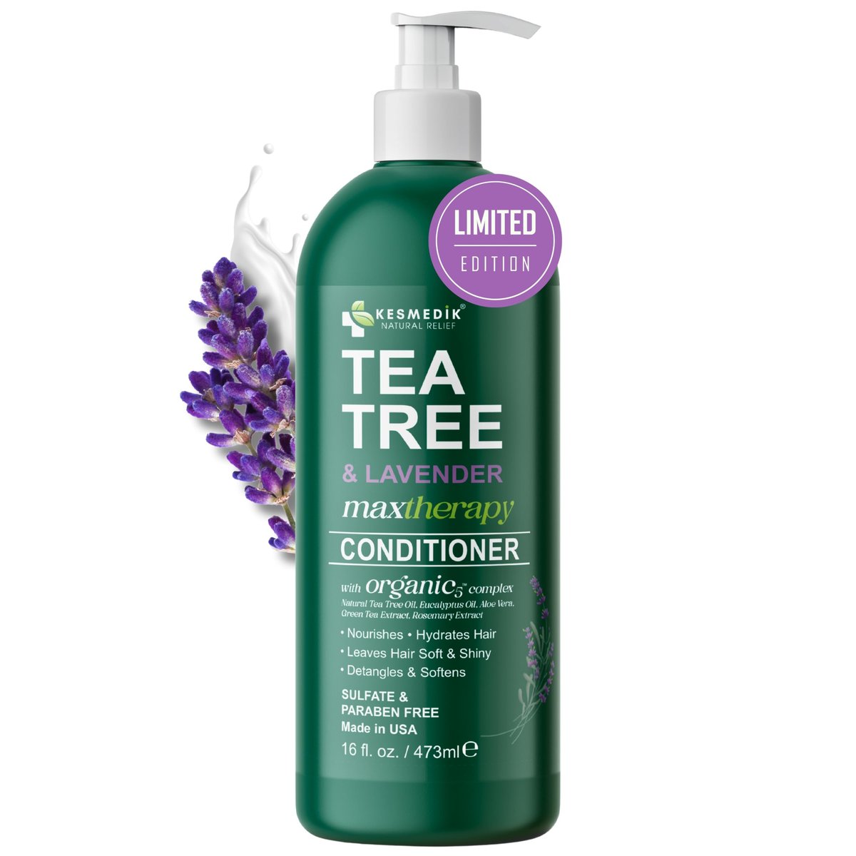 KESMEDIK Tea Tree Lavender Mint Conditioner - Moisturizing Conditioner for Coarse & Dry Damaged Hair, Hydrates & Soothes Itchy Dry Scalp, Detangles & Controls Frizz, 16 fl oz Avelisse