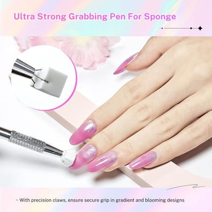 JODSONE 100-Piece Soft Nail Sponges for Ombre & Gradient Nail Art with Stainless Steel Grabbing Pen