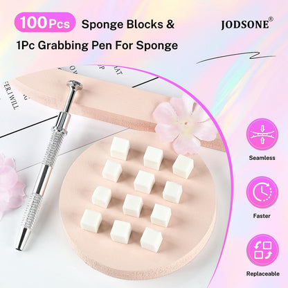 JODSONE 100-Piece Soft Nail Sponges for Ombre & Gradient Nail Art with Stainless Steel Grabbing Pen
