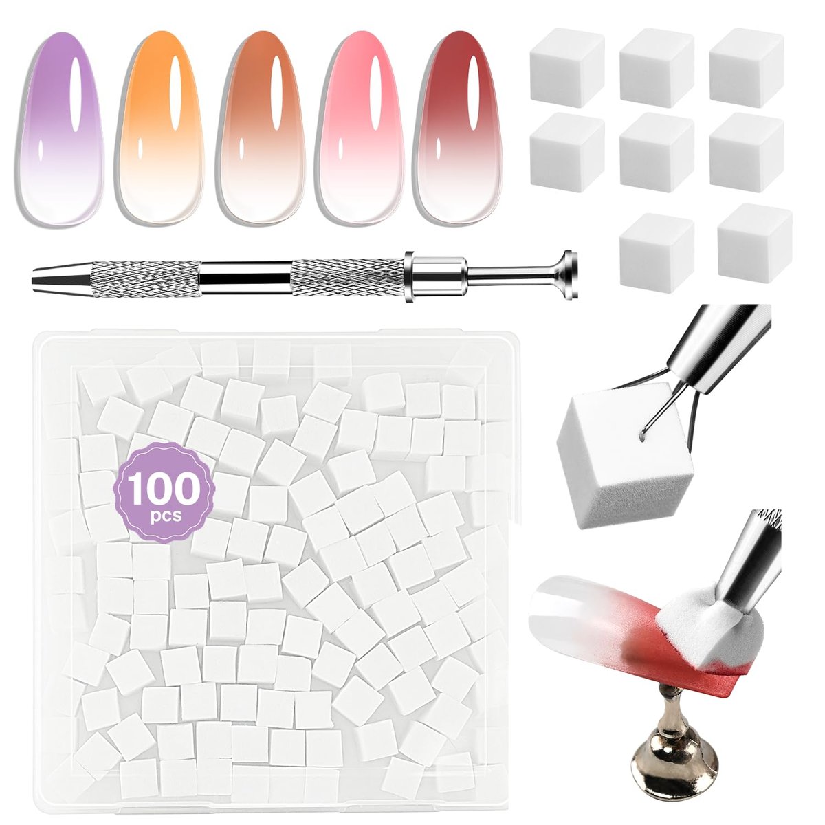 JODSONE 100-Piece Soft Nail Sponges for Ombre & Gradient Nail Art with Stainless Steel Grabbing Pen - görsel 1