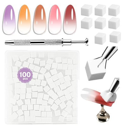 JODSONE 100-Piece Soft Nail Sponges for Ombre & Gradient Nail Art with Stainless Steel Grabbing Pen