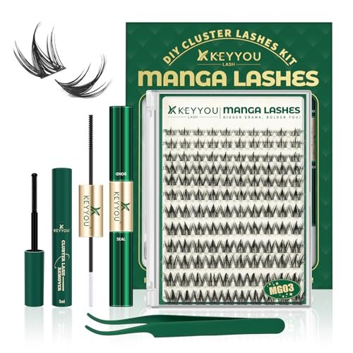KEYYOULASH Manga Lash Clusters Kit 8-18mm DIY Eyelash Extensions - Natural Fairy Cluster Lashes with Bond, Seal, Remover & Applicator - Soft Thin Band (MG03) Avelisse