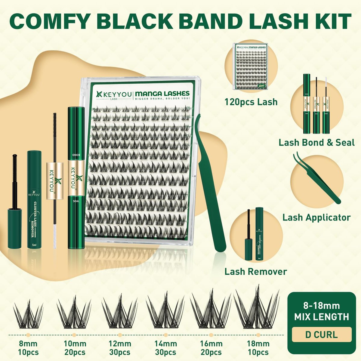 KEYYOULASH Manga Lash Clusters Kit 8-18mm DIY Eyelash Extensions - Natural Fairy Cluster Lashes with Bond, Seal, Remover & Applicator - Soft Thin Band (MG03) Avelisse