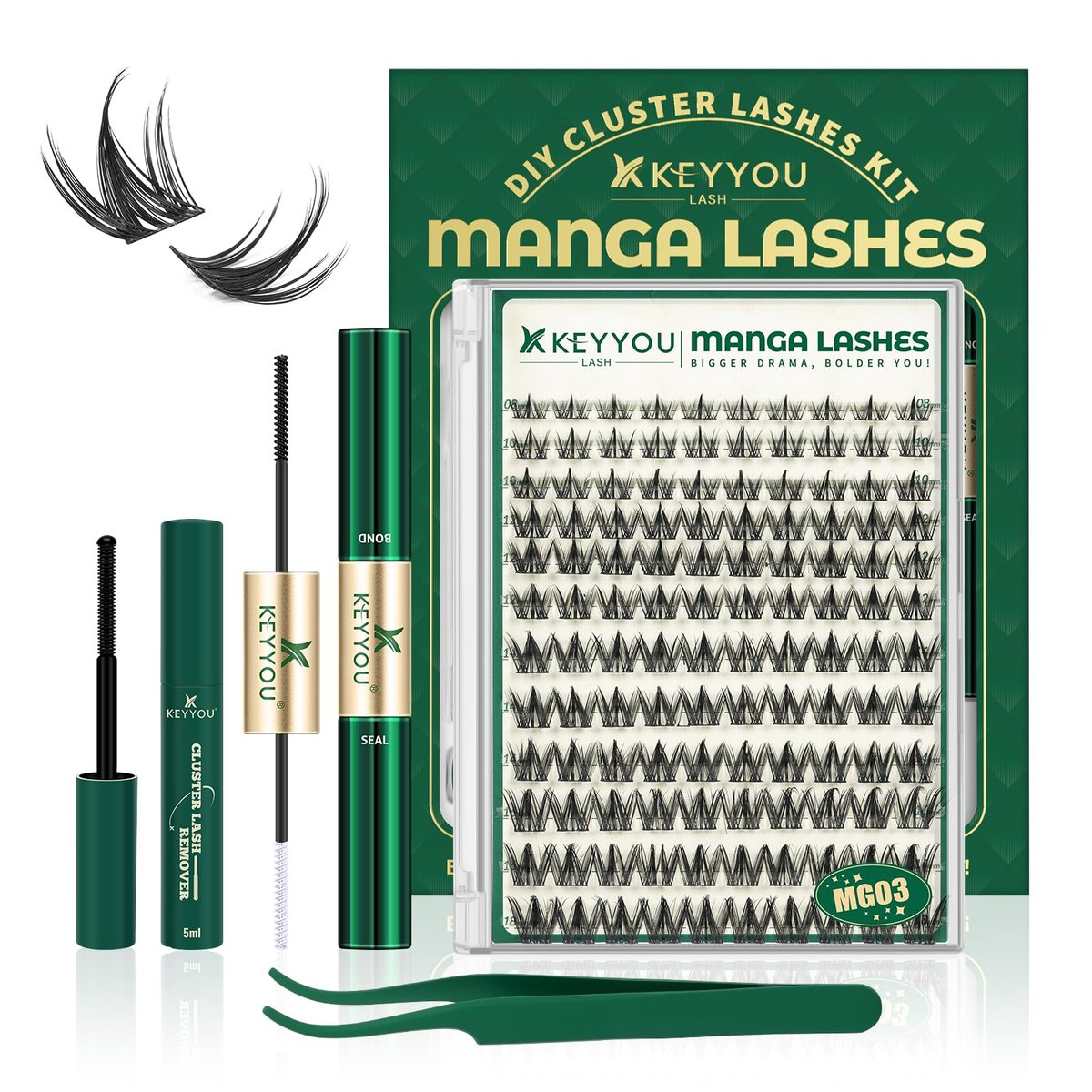 KEYYOULASH Manga Lash Clusters Kit 8-18mm DIY Eyelash Extensions - Natural Fairy Cluster Lashes with Bond, Seal, Remover & Applicator - Soft Thin Band (MG03) Avelisse