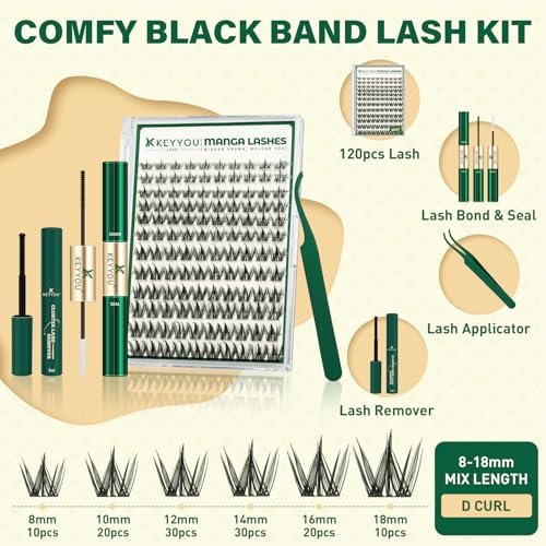 KEYYOULASH Manga Lash Clusters Kit 8-18mm DIY Eyelash Extensions - Natural Fairy Cluster Lashes with Bond, Seal, Remover & Applicator - Soft Thin Band (MG03) Avelisse