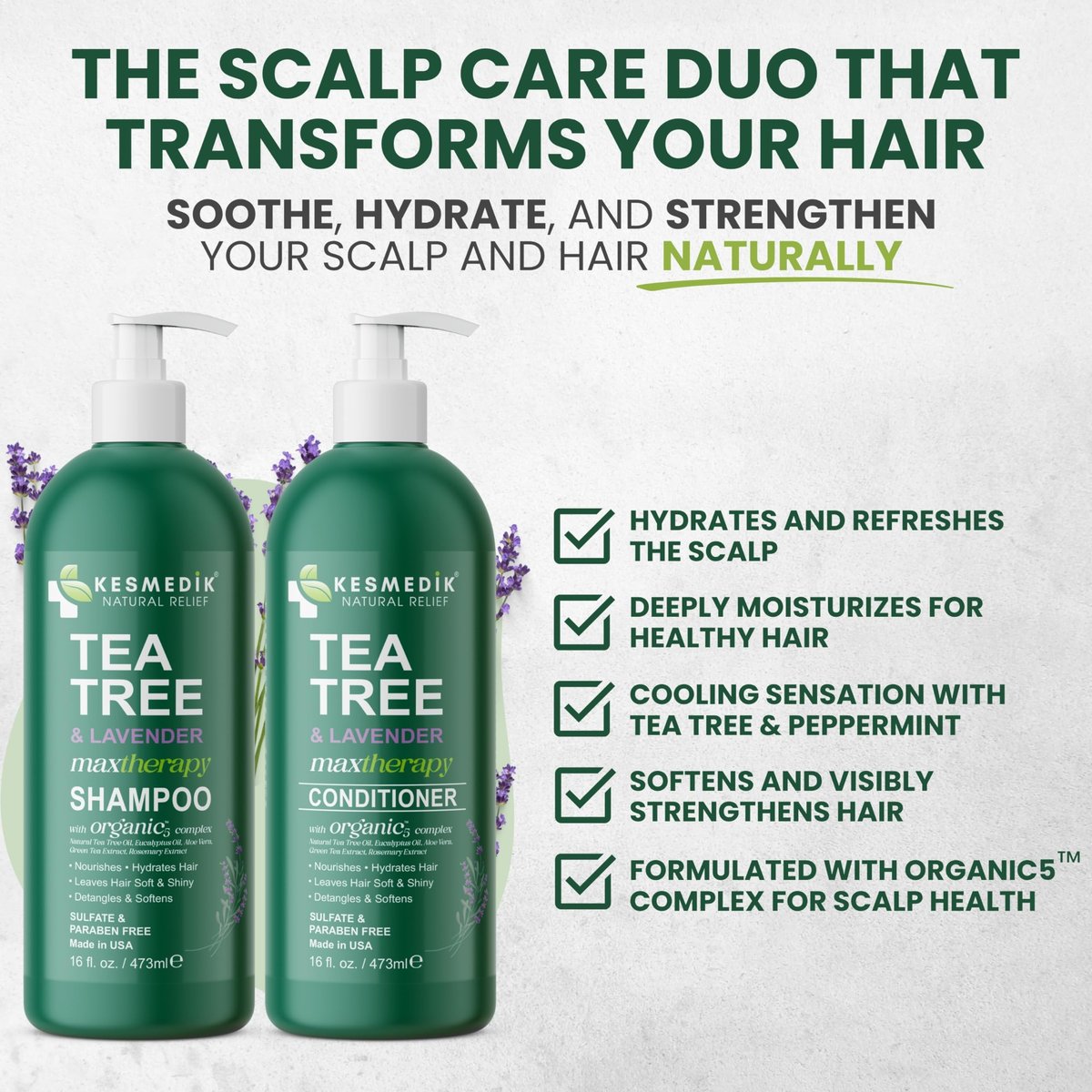 KESMEDIK Tea Tree Lavender Shampoo & Conditioner Set with Mint & Rosemary, Cleanses, Cools & Soothes Dry, Itchy Scalp, Sulfate & Paraben-Free, For All Hair Types, 16 fl oz Each Avelisse