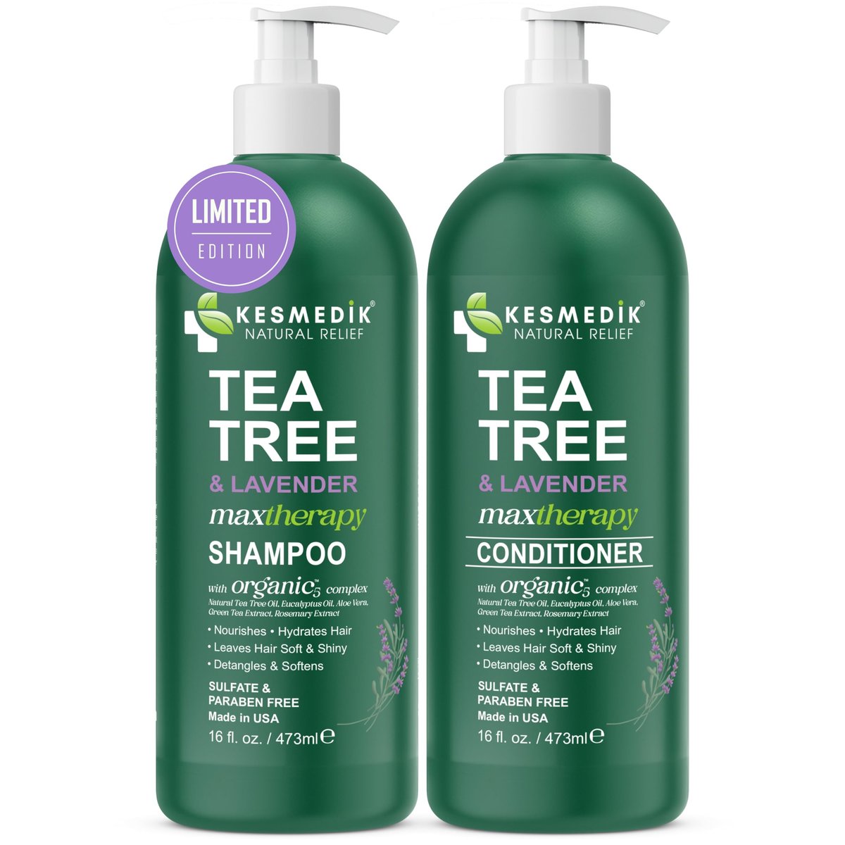 KESMEDIK Tea Tree Lavender Shampoo & Conditioner Set with Mint & Rosemary, Cleanses, Cools & Soothes Dry, Itchy Scalp, Sulfate & Paraben-Free, For All Hair Types, 16 fl oz Each Avelisse