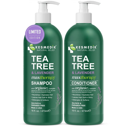 KESMEDIK Tea Tree Lavender Shampoo & Conditioner Set with Mint & Rosemary, Cleanses, Cools & Soothes Dry, Itchy Scalp, Sulfate & Paraben-Free, For All Hair Types, 16 fl oz Each Avelisse