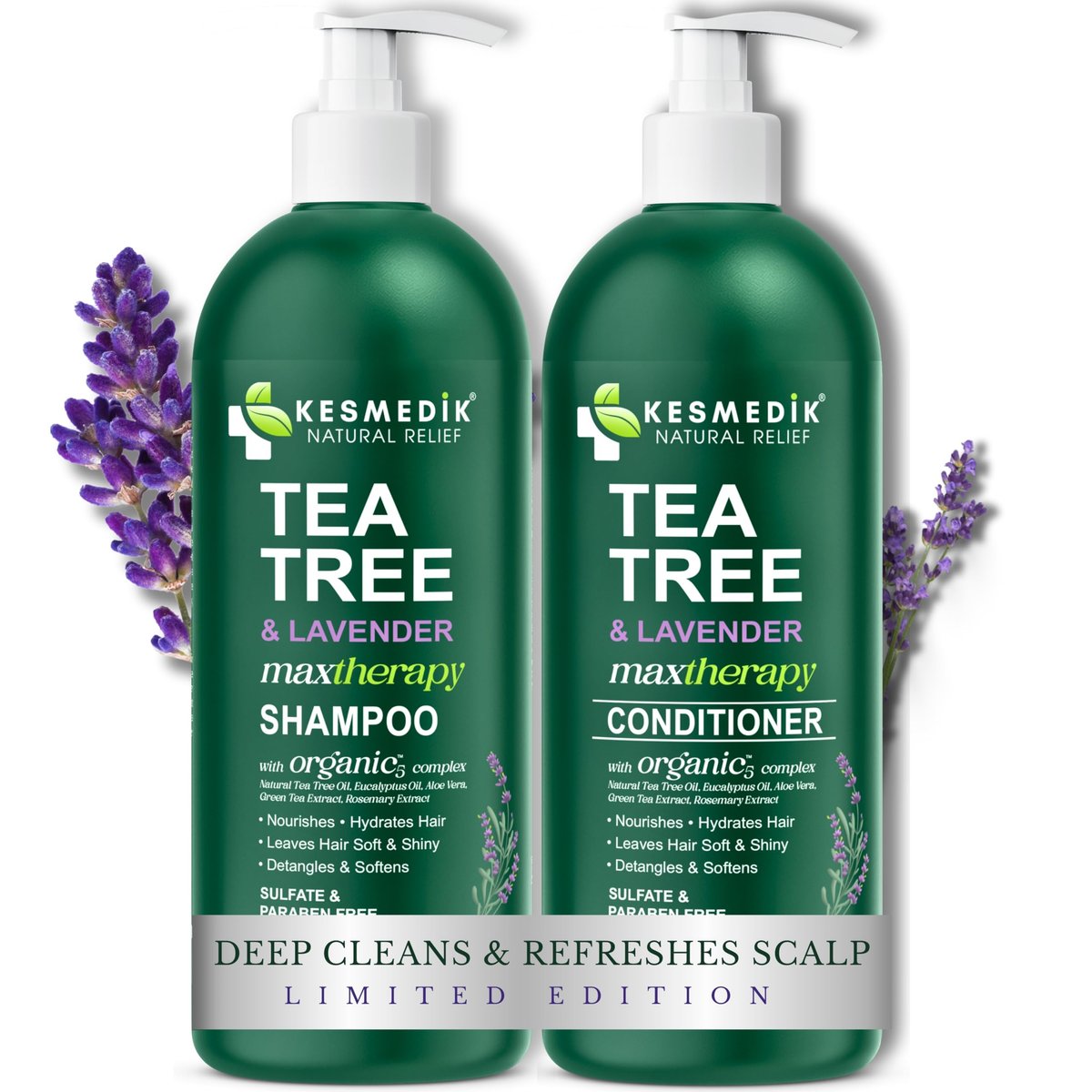 KESMEDIK Tea Tree Lavender Shampoo & Conditioner Set with Mint & Rosemary, Cleanses, Cools & Soothes Dry, Itchy Scalp, Sulfate & Paraben-Free, For All Hair Types, 16 fl oz Each Avelisse