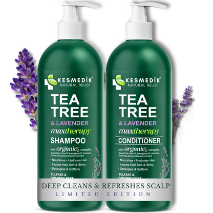 KESMEDIK Tea Tree Lavender Shampoo & Conditioner Set with Mint & Rosemary, Cleanses, Cools & Soothes Dry, Itchy Scalp, Sulfate & Paraben-Free, For All Hair Types, 16 fl oz Each Avelisse