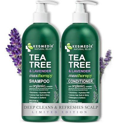 KESMEDIK Tea Tree Lavender Shampoo & Conditioner Set with Mint & Rosemary, Cleanses, Cools & Soothes Dry, Itchy Scalp, Sulfate & Paraben-Free, For All Hair Types, 16 fl oz Each Avelisse