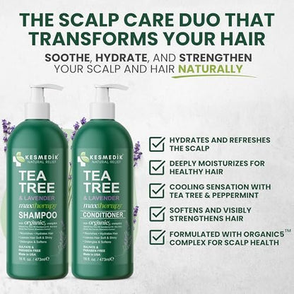 KESMEDIK Tea Tree Lavender Shampoo & Conditioner Set with Mint & Rosemary, Cleanses, Cools & Soothes Dry, Itchy Scalp, Sulfate & Paraben-Free, For All Hair Types, 16 fl oz Each Avelisse