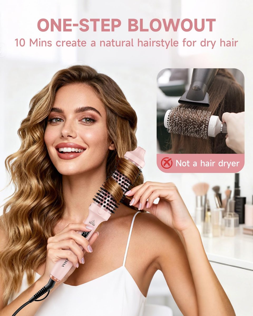 FLYZEMAA 1.5 Inch Heated Round Brush for Long Dry Hair – Thermal Brush Straightener with 3 Temp Settings, Anti-Scald Nylon Bristles, Blowout Brush for Curling & Volumizing (Pink) Avelisse