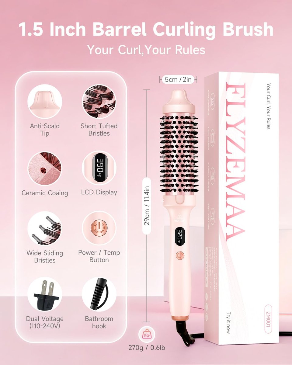 FLYZEMAA 1.5 Inch Heated Round Brush for Long Dry Hair – Thermal Brush Straightener with 3 Temp Settings, Anti-Scald Nylon Bristles, Blowout Brush for Curling & Volumizing (Pink) Avelisse