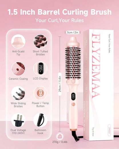 FLYZEMAA 1.5 Inch Heated Round Brush for Long Dry Hair – Thermal Brush Straightener with 3 Temp Settings, Anti-Scald Nylon Bristles, Blowout Brush for Curling & Volumizing (Pink) Avelisse