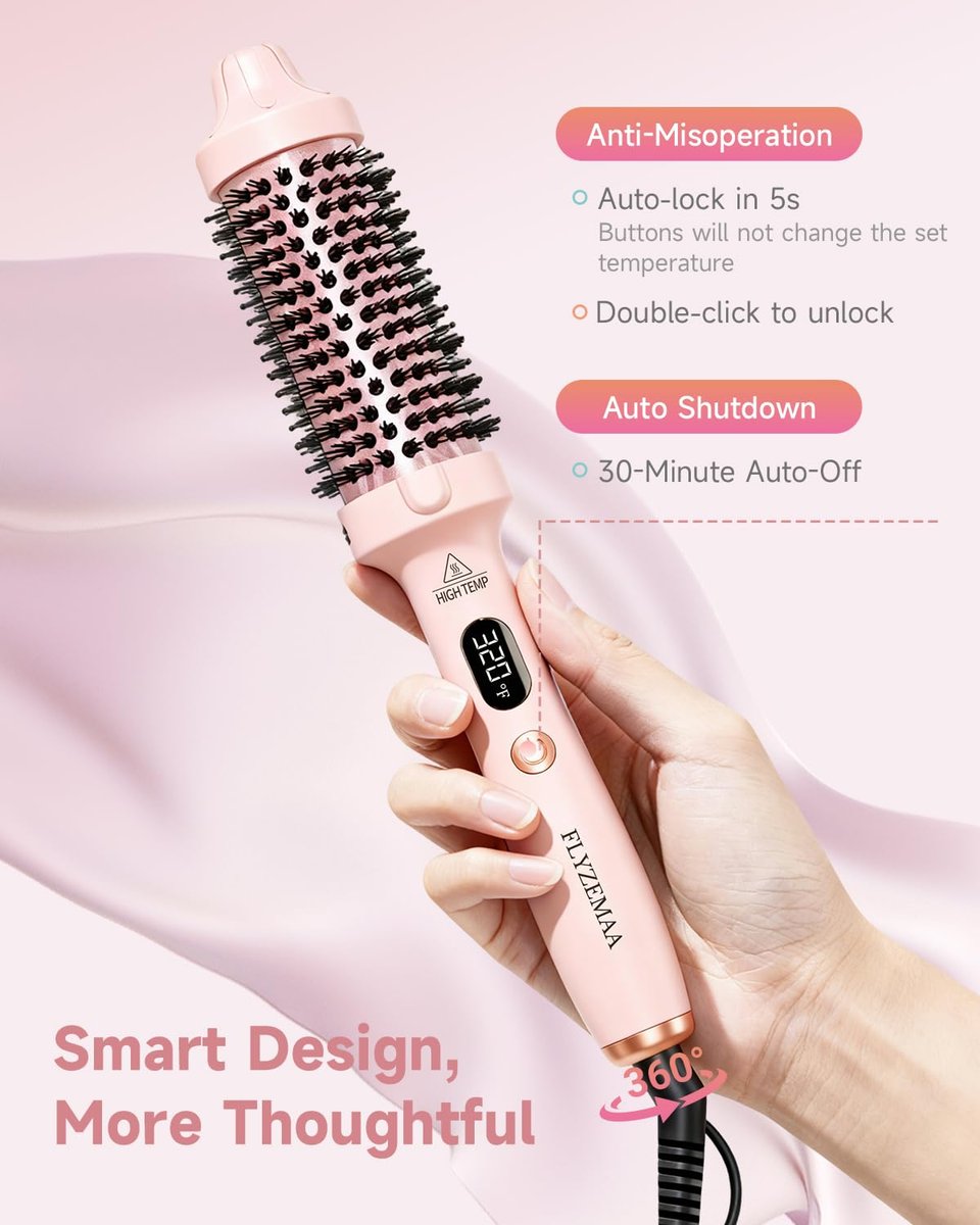 FLYZEMAA 1.5 Inch Heated Round Brush for Long Dry Hair – Thermal Brush Straightener with 3 Temp Settings, Anti-Scald Nylon Bristles, Blowout Brush for Curling & Volumizing (Pink) Avelisse