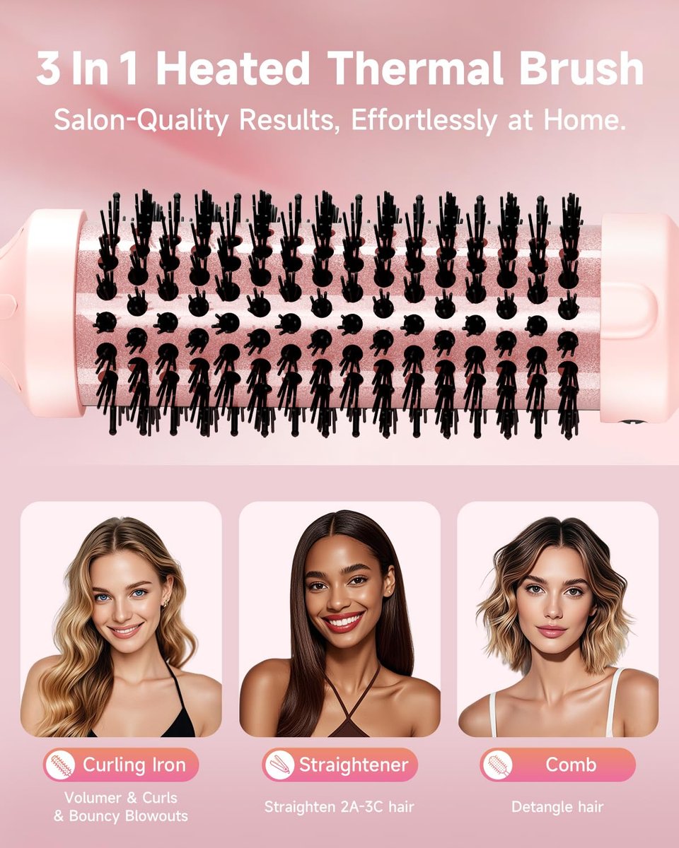 FLYZEMAA 1.5 Inch Heated Round Brush for Long Dry Hair – Thermal Brush Straightener with 3 Temp Settings, Anti-Scald Nylon Bristles, Blowout Brush for Curling & Volumizing (Pink) Avelisse