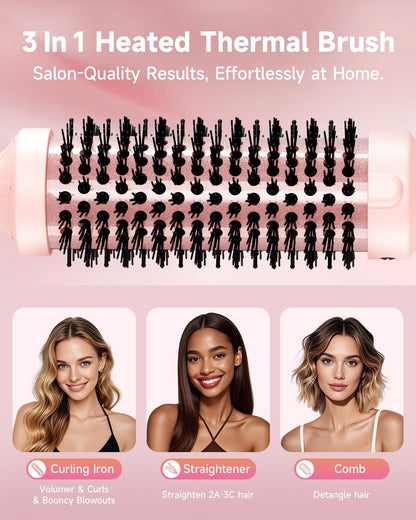 FLYZEMAA 1.5 Inch Heated Round Brush for Long Dry Hair – Thermal Brush Straightener with 3 Temp Settings, Anti-Scald Nylon Bristles, Blowout Brush for Curling & Volumizing (Pink) Avelisse