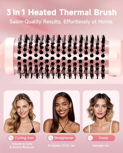 FLYZEMAA 1.5 Inch Heated Round Brush for Long Dry Hair – Thermal Brush Straightener with 3 Temp Settings, Anti-Scald Nylon Bristles, Blowout Brush for Curling & Volumizing (Pink) Avelisse