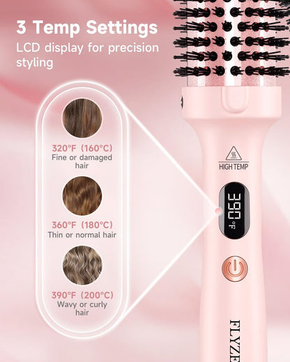 FLYZEMAA 1.5 Inch Heated Round Brush for Long Dry Hair – Thermal Brush Straightener with 3 Temp Settings, Anti-Scald Nylon Bristles, Blowout Brush for Curling & Volumizing (Pink) Avelisse