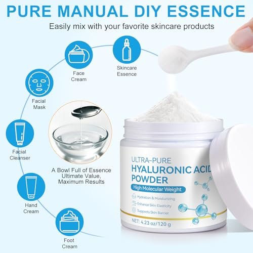 Pure Hyaluronic Acid Serum Powder for Skin & Face, 120g High Molecular Weight Anti-Aging HA Powder, Water Soluble, Gluten Free, Non-GMO – Includes Scoop Avelisse