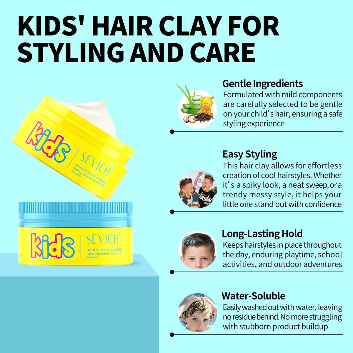 SEVICH Kids Hair Styling Pomade - Gentle Styling Clay for Toddlers & Kids, Water-Soluble, Long-Lasting Hold, Plant-Based, Sensitive Scalp Safe, 80g Avelisse