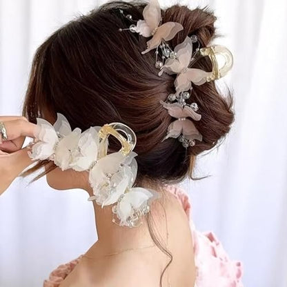 KEMMINTVN Set of 2 Elegant Butterfly Hair Clips - Pearl Decorated Crab Claw Hairpins for Women, White Wedding Hair Accessories, 4.92 x 2.55 Inches