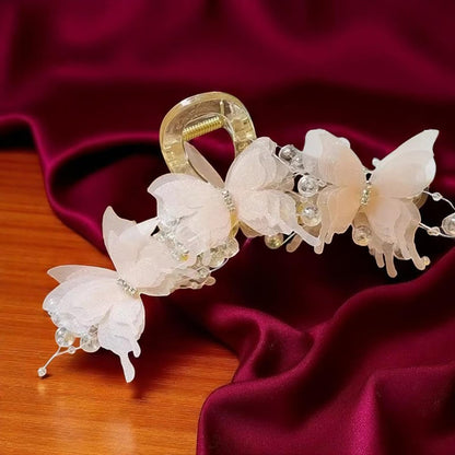 KEMMINTVN Set of 2 Elegant Butterfly Hair Clips - Pearl Decorated Crab Claw Hairpins for Women, White Wedding Hair Accessories, 4.92 x 2.55 Inches