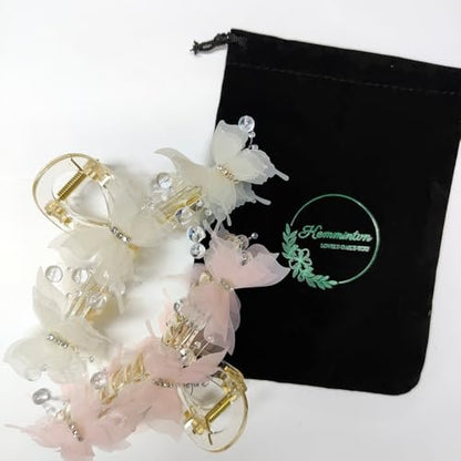 KEMMINTVN Set of 2 Elegant Butterfly Hair Clips - Pearl Decorated Crab Claw Hairpins for Women, White Wedding Hair Accessories, 4.92 x 2.55 Inches