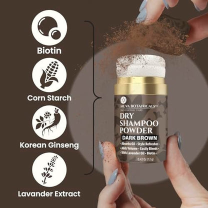 Nuva Botanicals Dark Brown Non-Aerosol Dry Shampoo Powder with Biotin, Lavender Extract & Korean Ginseng - Volumizing Travel Size (0.42 oz)