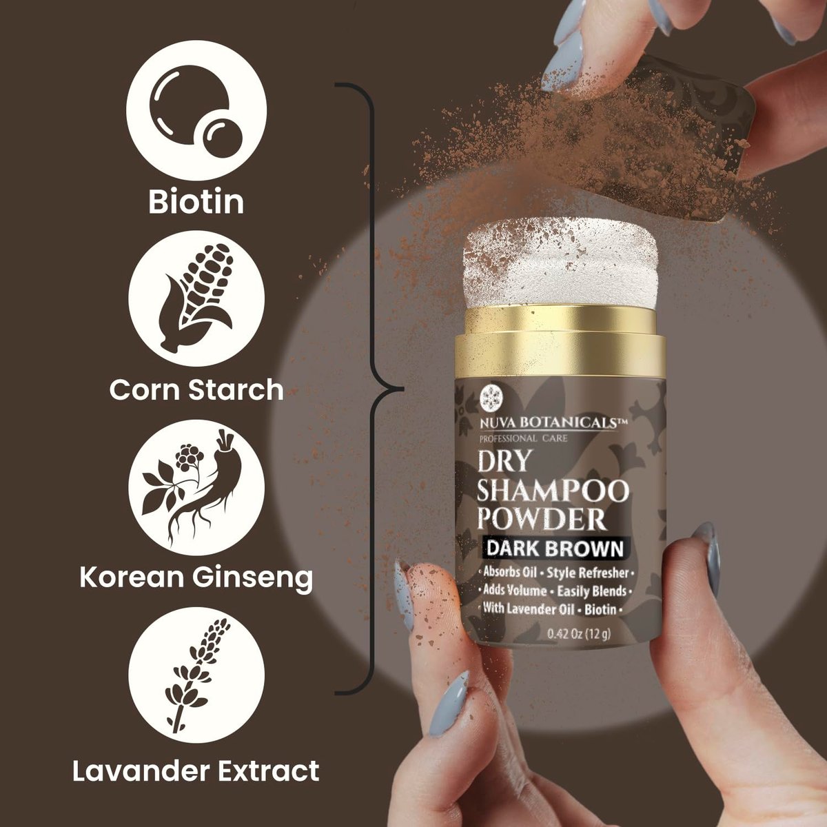 Nuva Botanicals Dark Brown Non-Aerosol Dry Shampoo Powder with Biotin, Lavender Extract & Korean Ginseng - Volumizing Travel Size (0.42 oz) - görsel 5