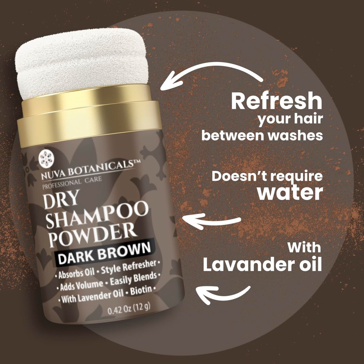 Nuva Botanicals Dark Brown Non-Aerosol Dry Shampoo Powder with Biotin, Lavender Extract & Korean Ginseng - Volumizing Travel Size (0.42 oz) - görsel 7