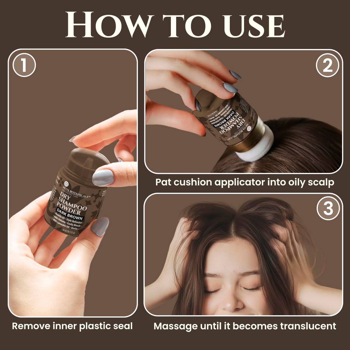 Nuva Botanicals Dark Brown Non-Aerosol Dry Shampoo Powder with Biotin, Lavender Extract & Korean Ginseng - Volumizing Travel Size (0.42 oz) - görsel 3