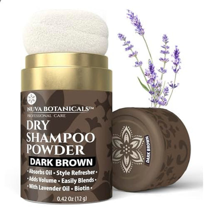 Nuva Botanicals Dark Brown Non-Aerosol Dry Shampoo Powder with Biotin, Lavender Extract & Korean Ginseng - Volumizing Travel Size (0.42 oz)