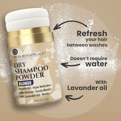 Nuva Botanicals Blonde Non Aerosol Dry Shampoo Powder with Biotin - Lavender Extract and Korean Ginseng - Volumizing Travel Size (0.42 oz)