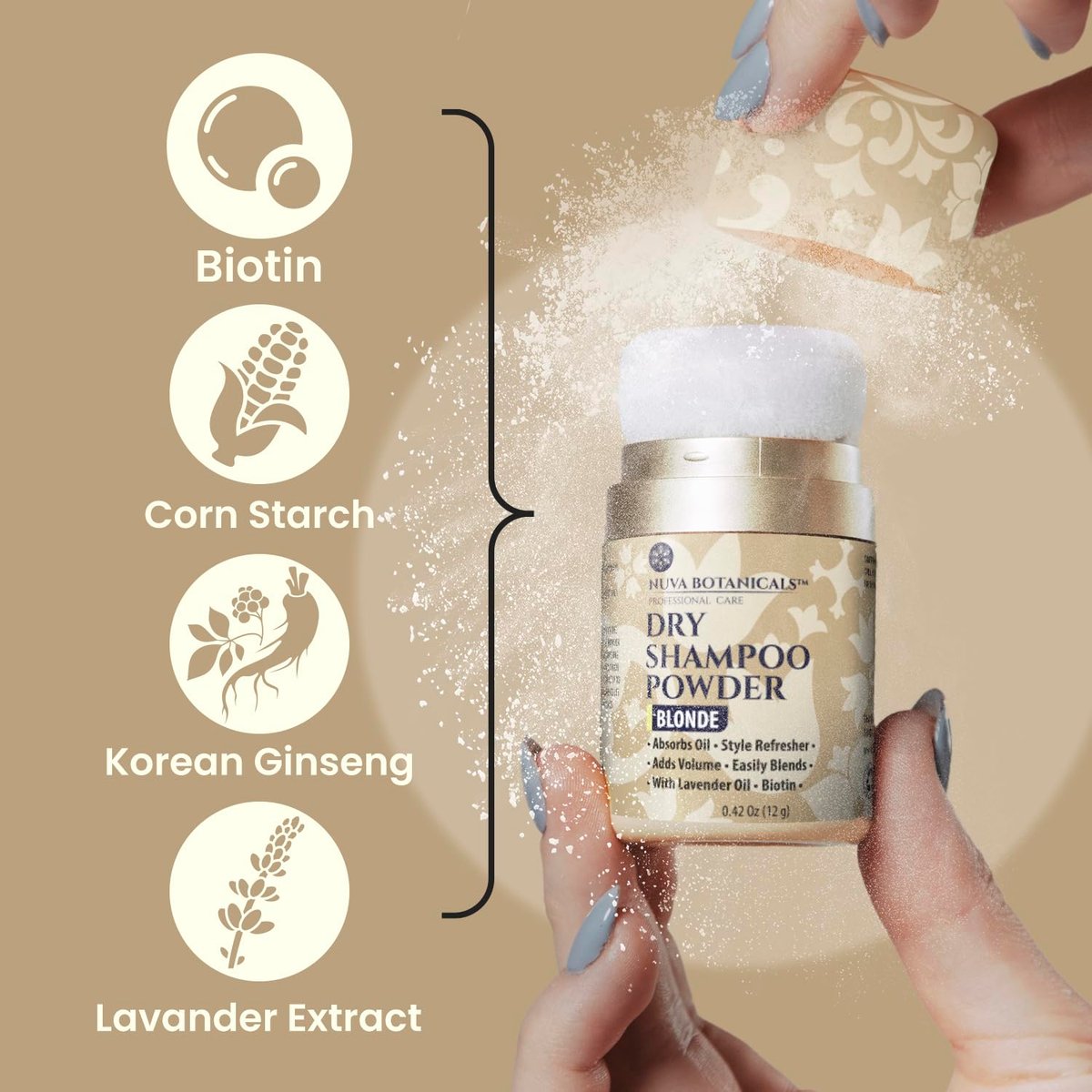 Nuva Botanicals Blonde Non Aerosol Dry Shampoo Powder with Biotin - Lavender Extract and Korean Ginseng - Volumizing Travel Size (0.42 oz) - görsel 5
