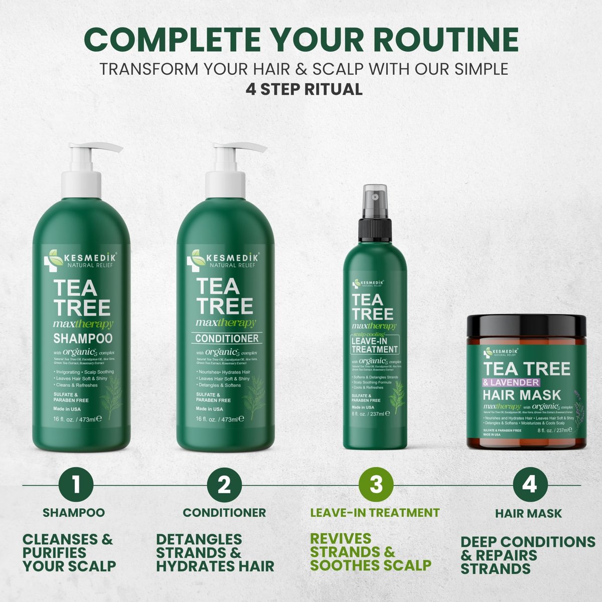KESMEDIK Tea Tree Rosemary Leave In Conditioner - Detangler Spray for Frizz Control, Anti Dandruff & Itchy Scalp Relief - Paraben & Sulfate Free - 8 Fl Oz Avelisse