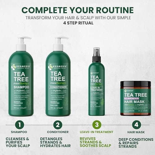 KESMEDIK Tea Tree Rosemary Leave In Conditioner - Detangler Spray for Frizz Control, Anti Dandruff & Itchy Scalp Relief - Paraben & Sulfate Free - 8 Fl Oz Avelisse