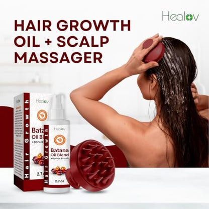 Batana Oil Hair Growth Spray with Scalp Massager – Natural Treatment for Hair Loss, Thinning, Bald Spots, Breakage – Strengthening, Thickening, Volumizing Serum for All Hair Types