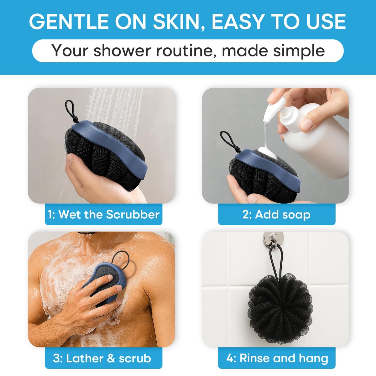 Tilcare 2-Pack High Foaming Body Scrubber Exfoliator for Men and Women, Ergonomic Shower Scrub, Deep Exfoliating Travel Bath Brush Loofah, Durable Skin Wash Tool (Blue, Coir) - görsel 13