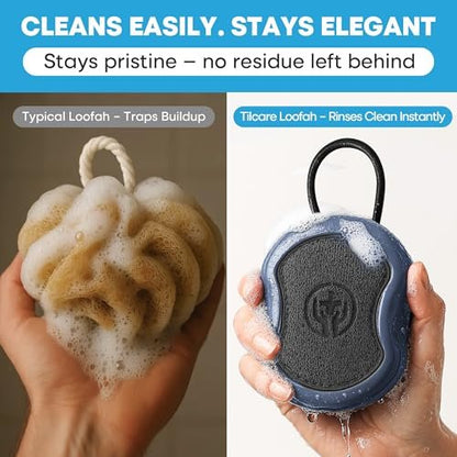 Tilcare 2-Pack High Foaming Body Scrubber Exfoliator for Men and Women, Ergonomic Shower Scrub, Deep Exfoliating Travel Bath Brush Loofah, Durable Skin Wash Tool (Blue, Coir)