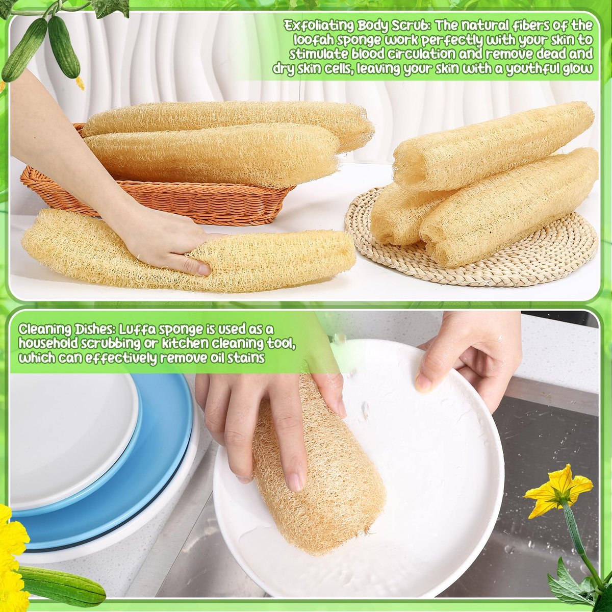 ZhouBoat 6 Pack Natural Loofah Sponge 15.7 Inch - Organic Exfoliating Sponge for Kitchen, Bath & Body Scrub Avelisse